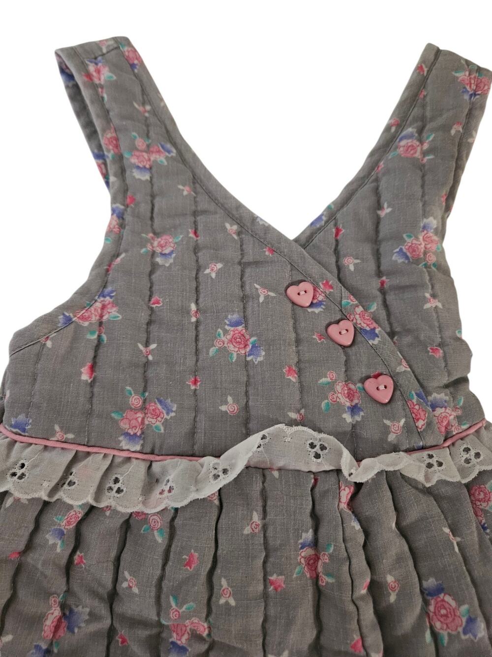 Vintage Girls 3T Quilted Floral Romper Overalls Gray Pink Lace Cottagecore USA